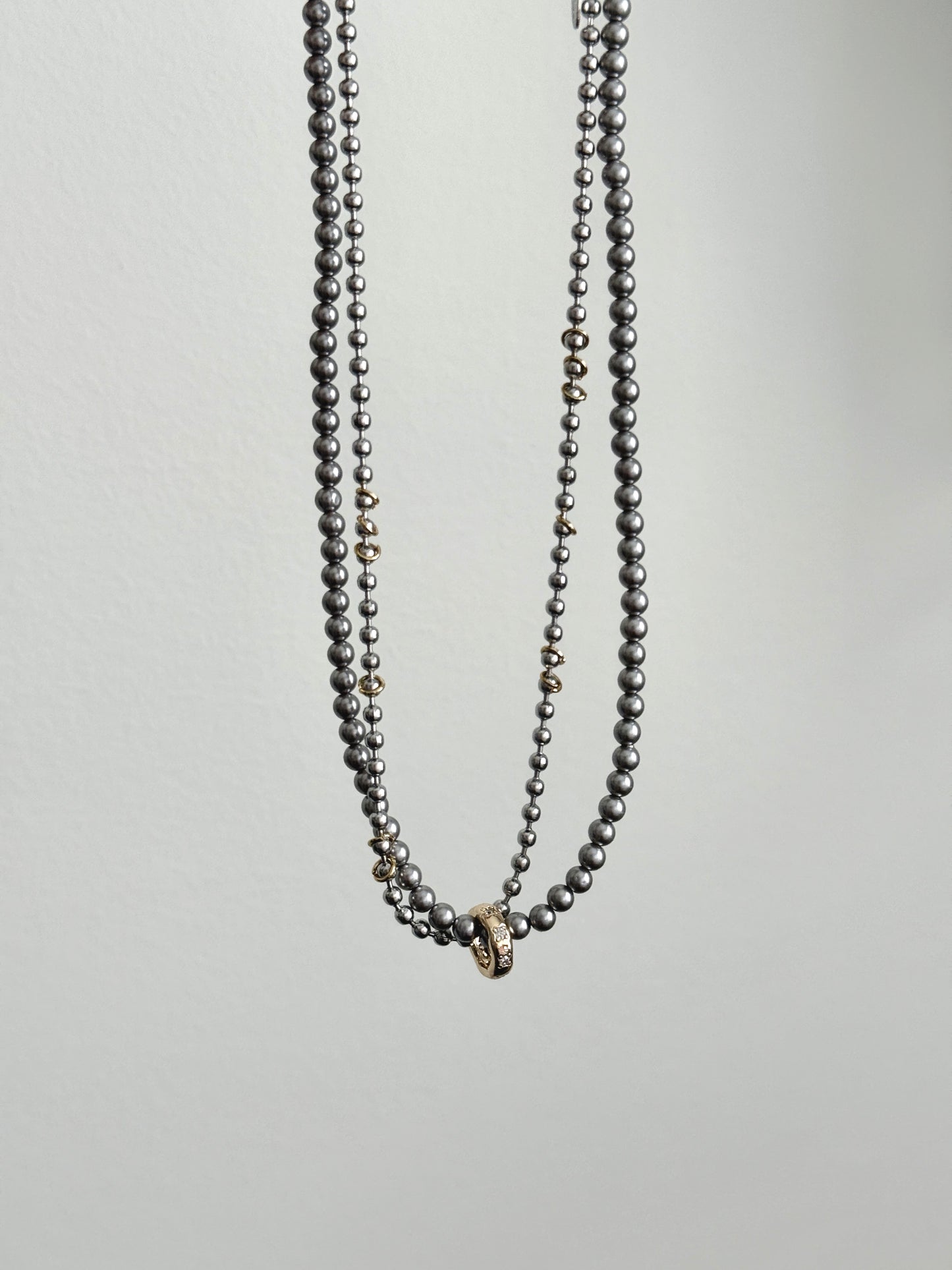 Rhodium Plated Grey Pearl with Zirconia Double-Loop Necklace