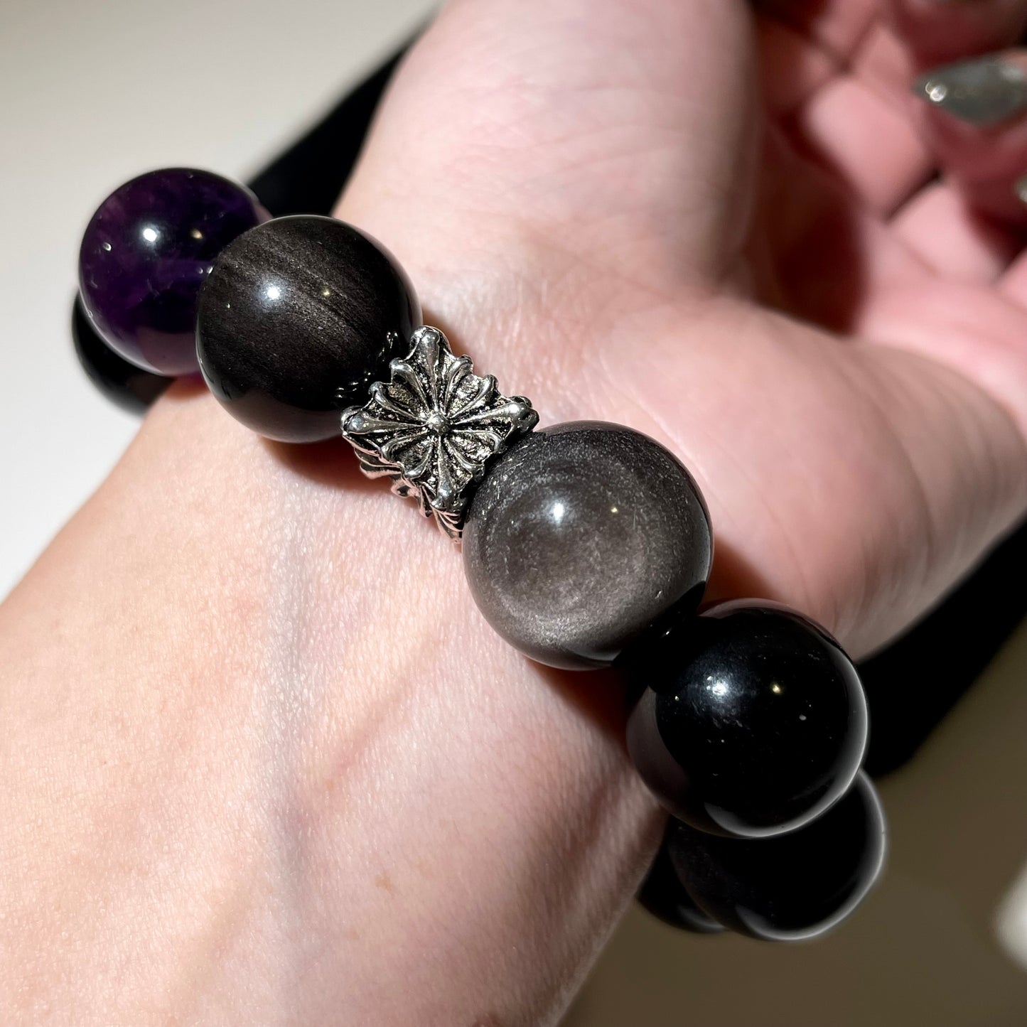 Silver Obsidian Amethyst Beaded Bracelet