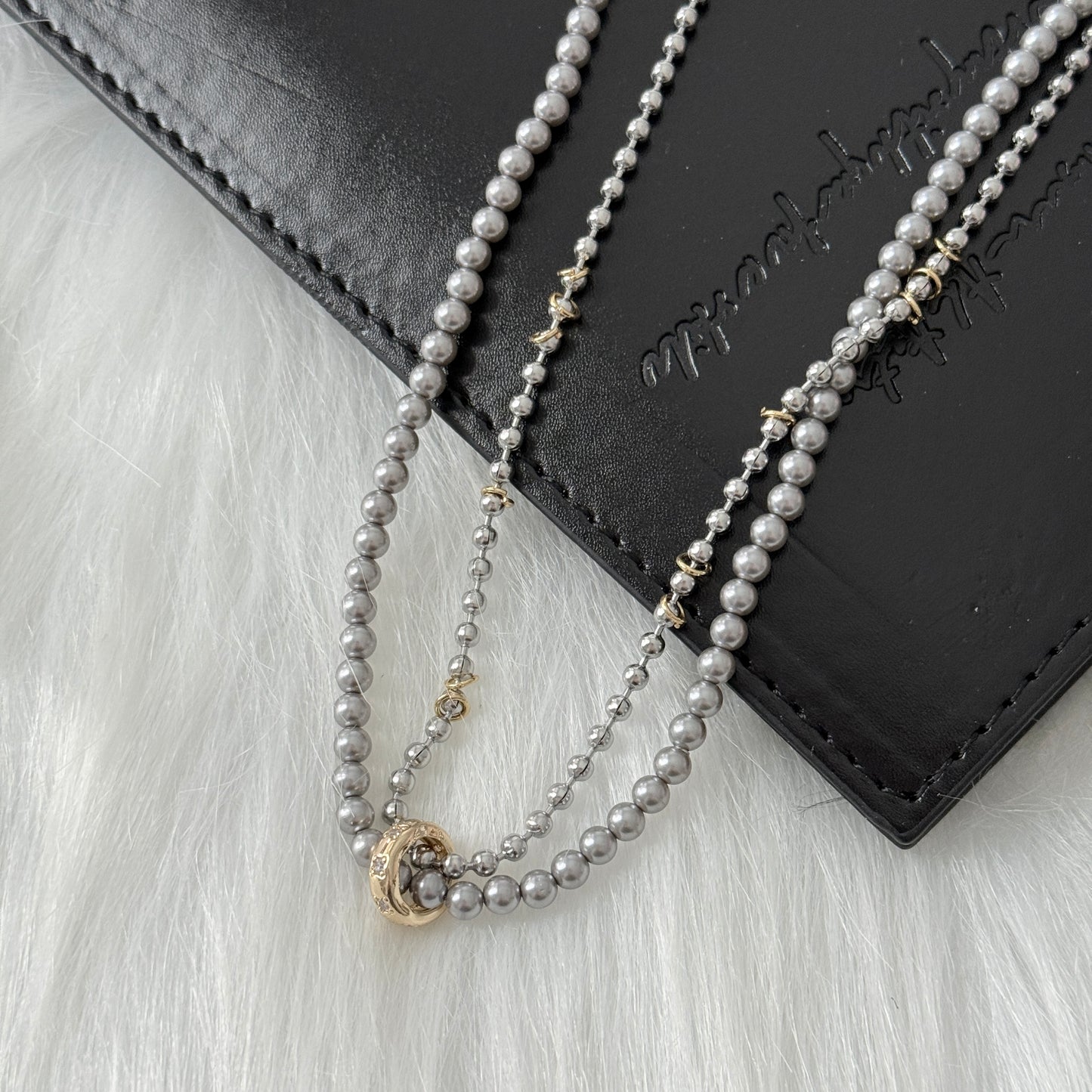 Rhodium Plated Grey Pearl with Zirconia Double-Loop Necklace