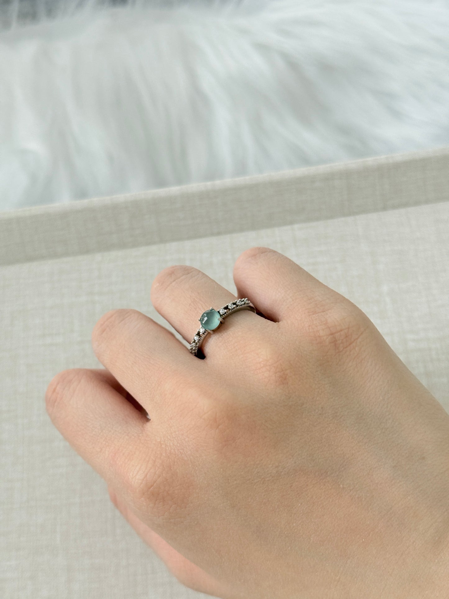 Sterling Silver Blue-Water Jadeite Jade Ring with Zicronia