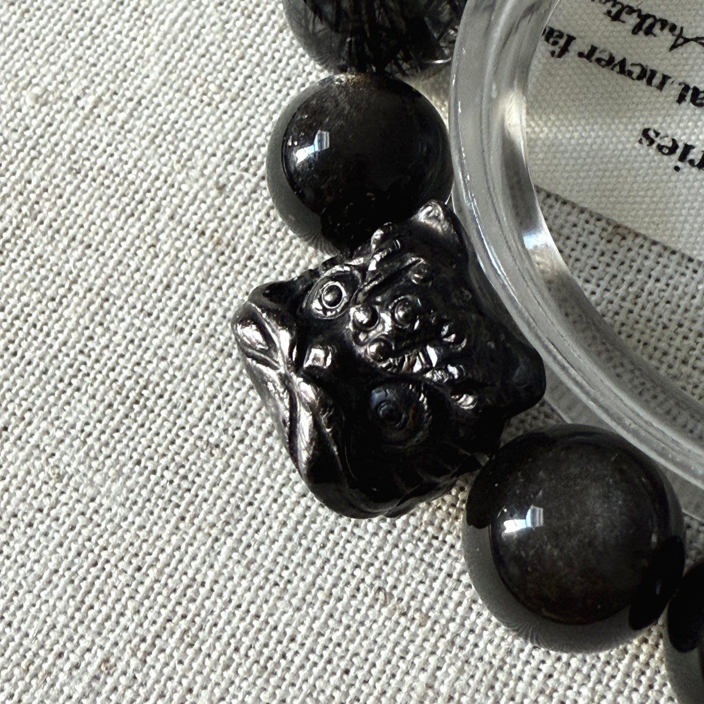 Dark Night Design Hypersthene Lion with Black Rutile Obsidian Beaded Bracelet