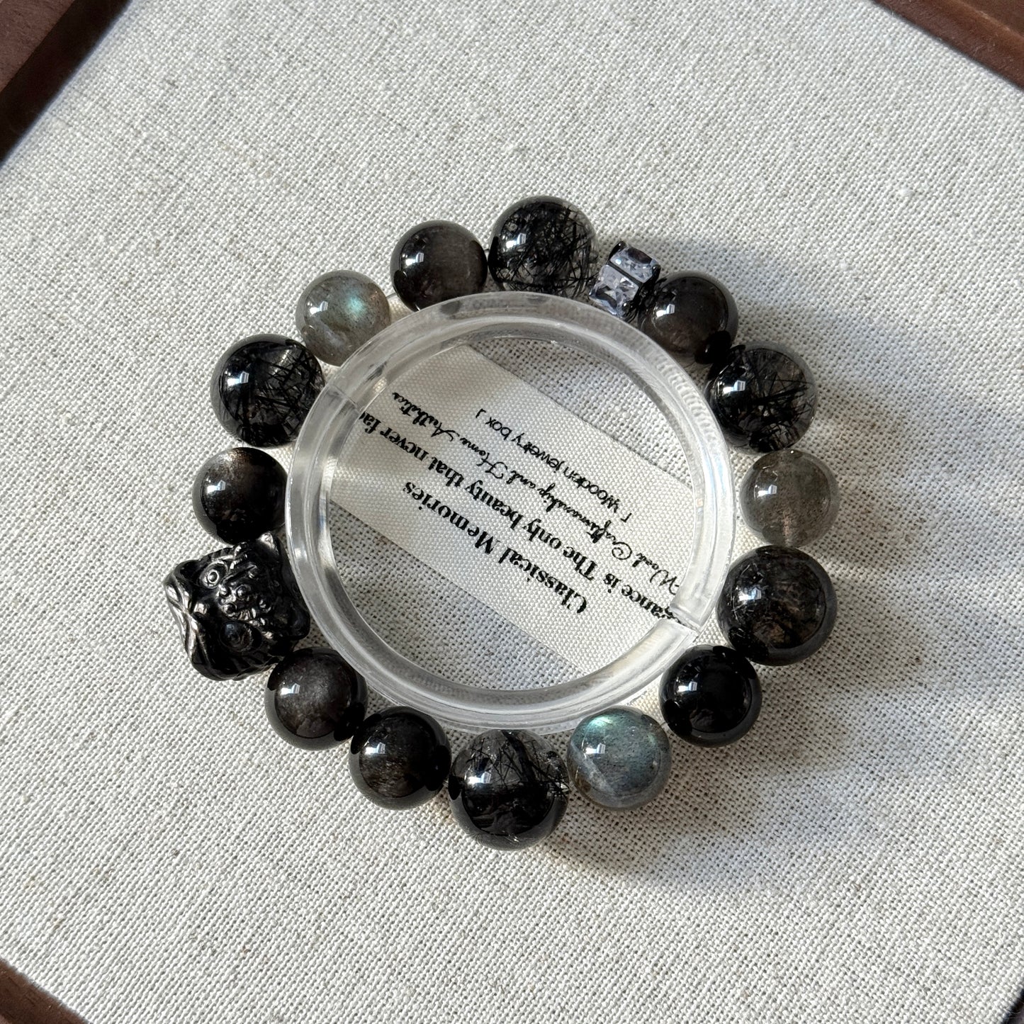 Dark Night Design Hypersthene Lion with Black Rutile Obsidian Beaded Bracelet
