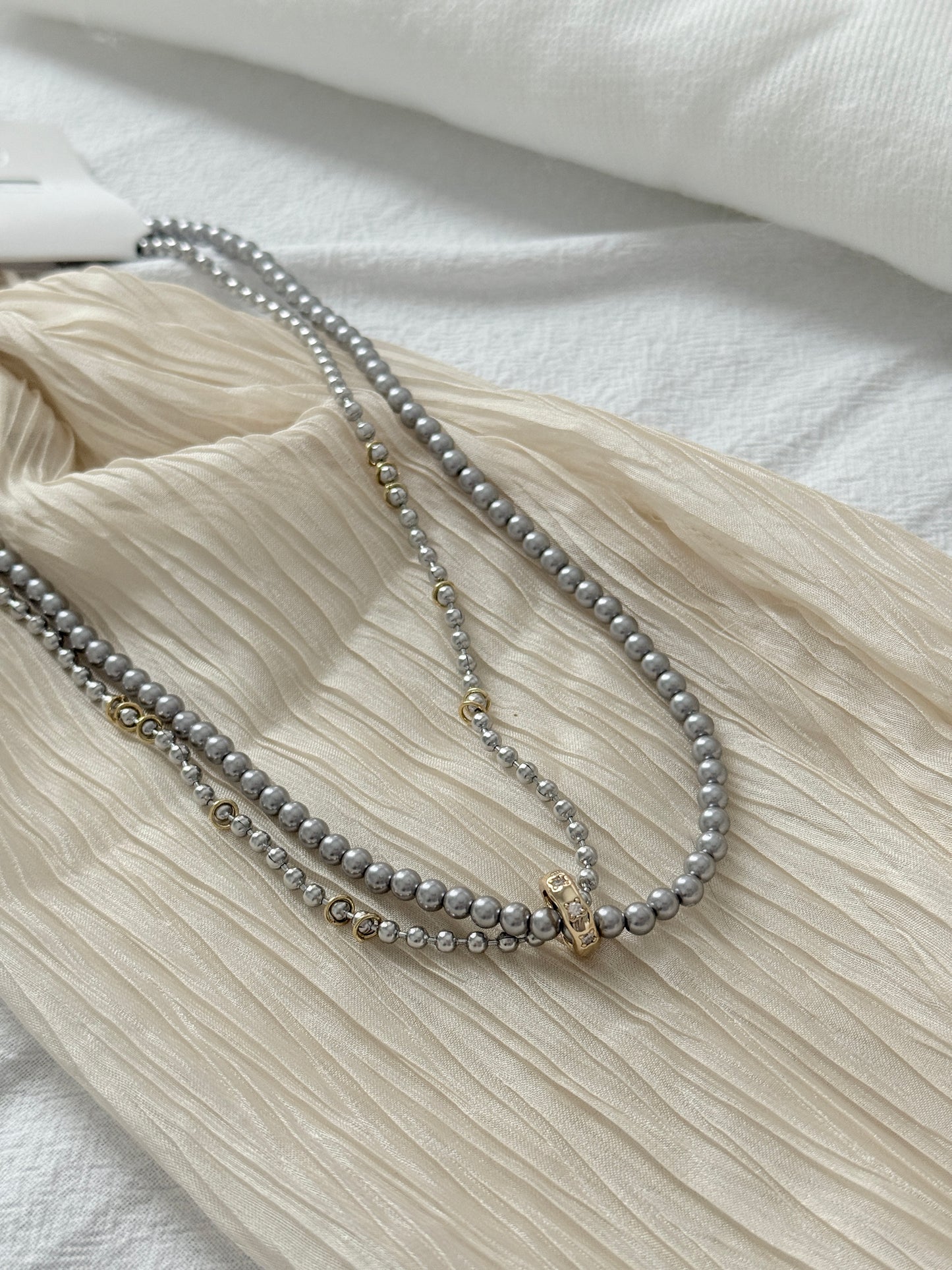 Rhodium Plated Grey Pearl with Zirconia Double-Loop Necklace