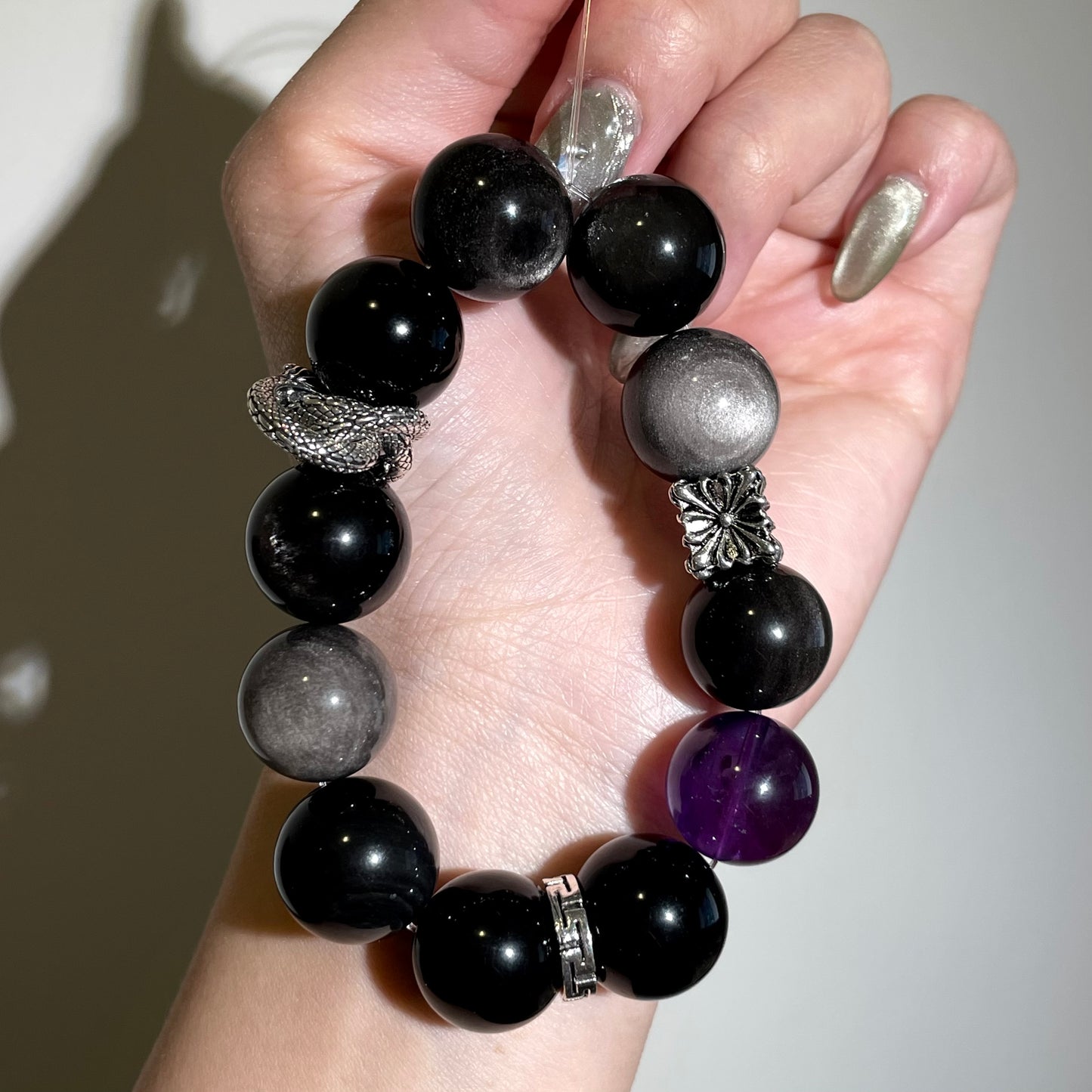 Silver Obsidian Amethyst Beaded Bracelet
