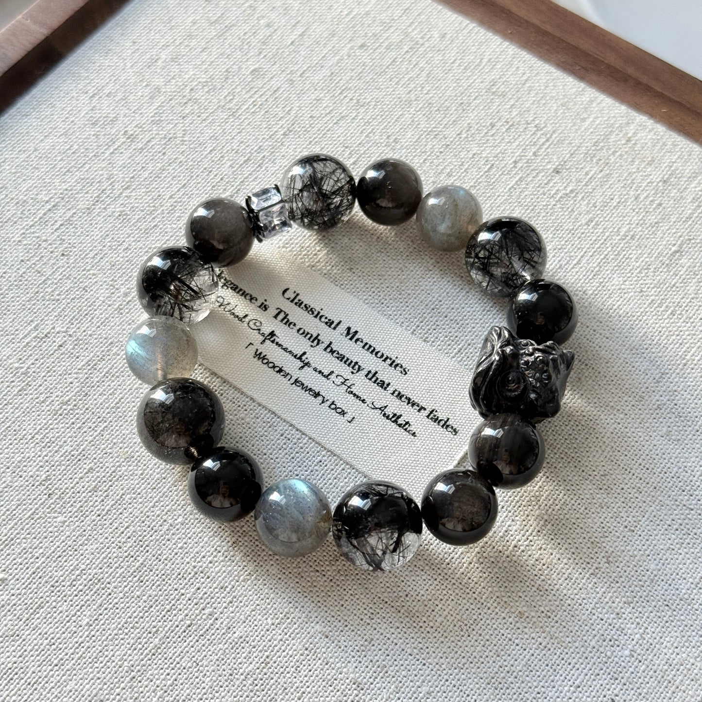 Dark Night Design Hypersthene Lion with Black Rutile Obsidian Beaded Bracelet
