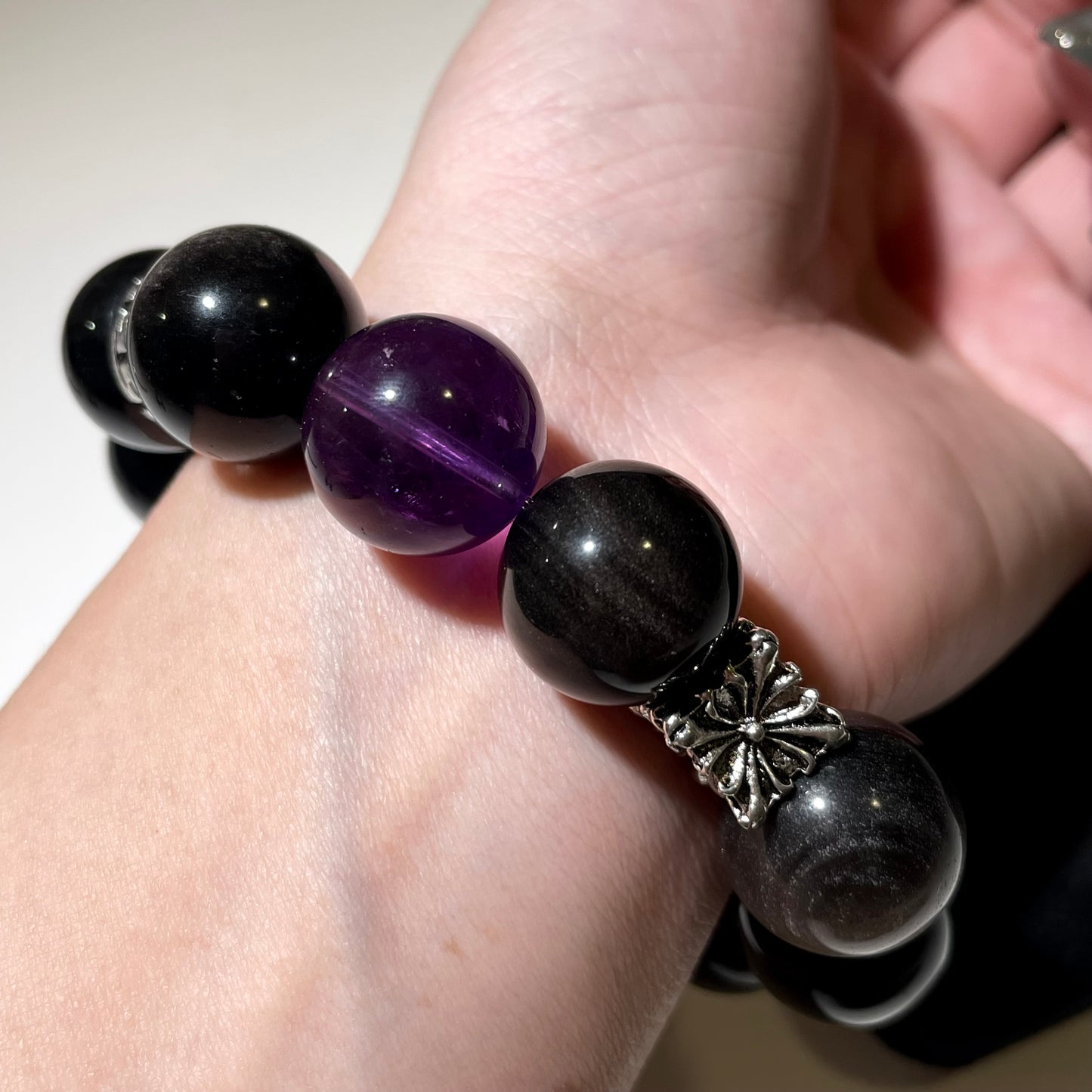 Silver Obsidian Amethyst Beaded Bracelet
