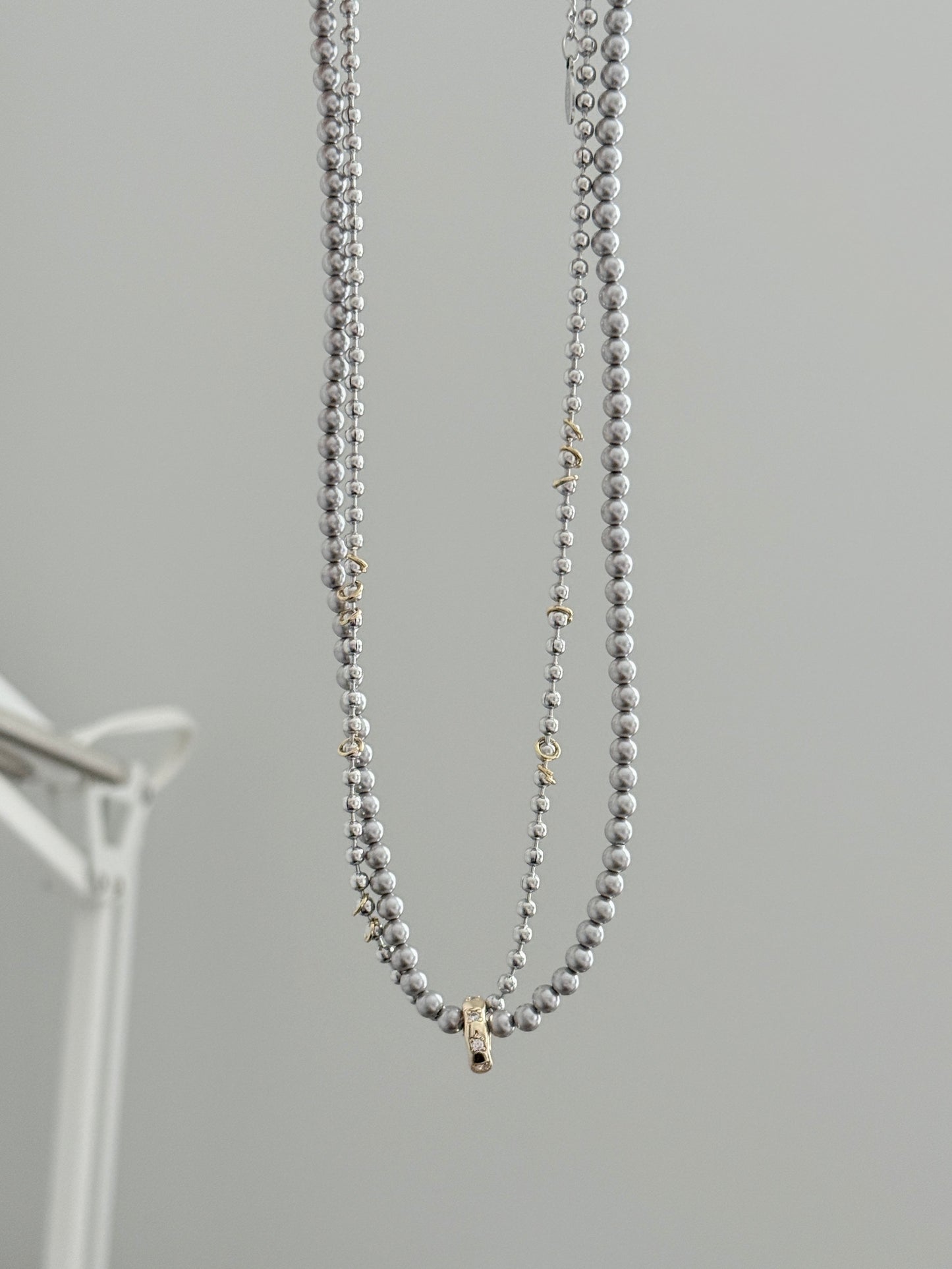 Rhodium Plated Grey Pearl with Zirconia Double-Loop Necklace