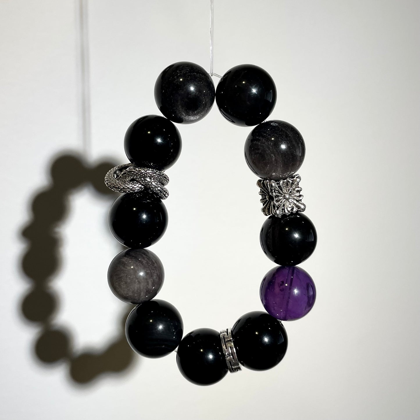 Silver Obsidian Amethyst Beaded Bracelet