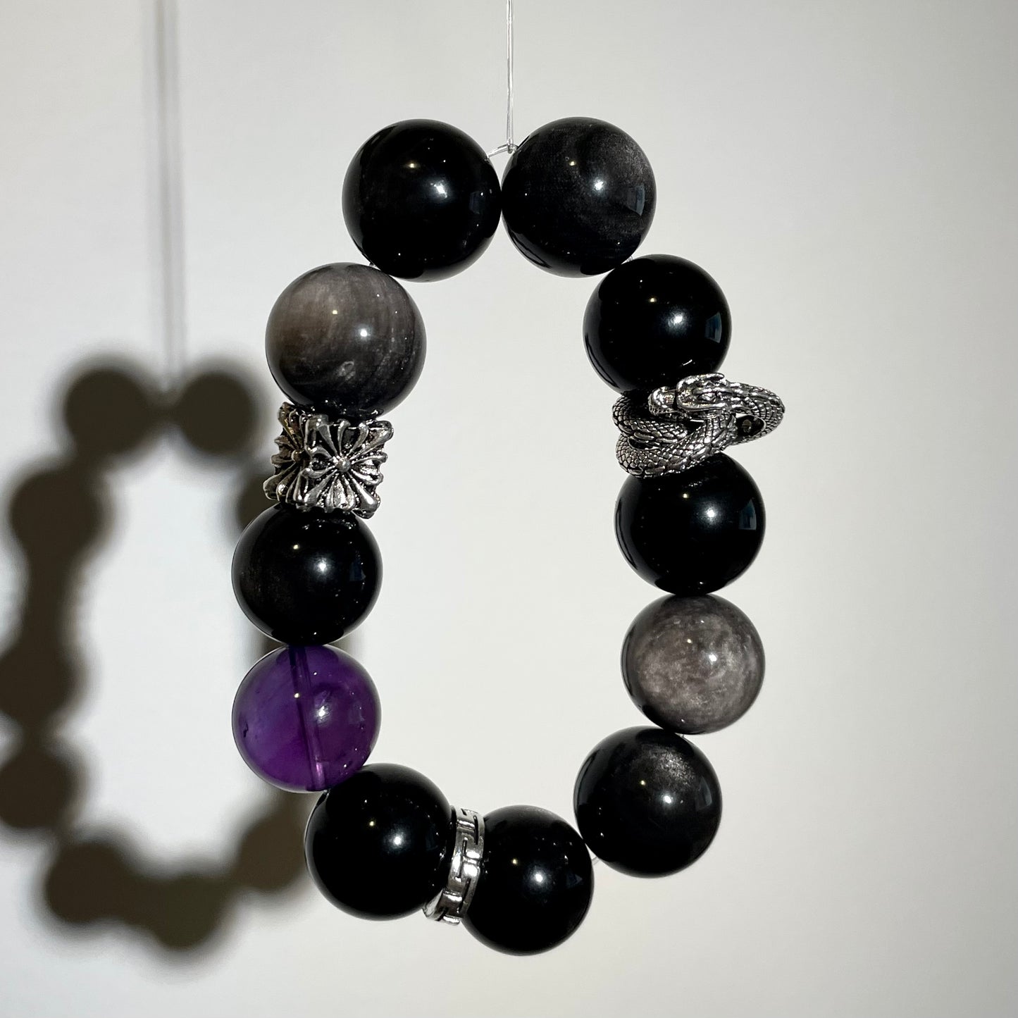 Silver Obsidian Amethyst Beaded Bracelet