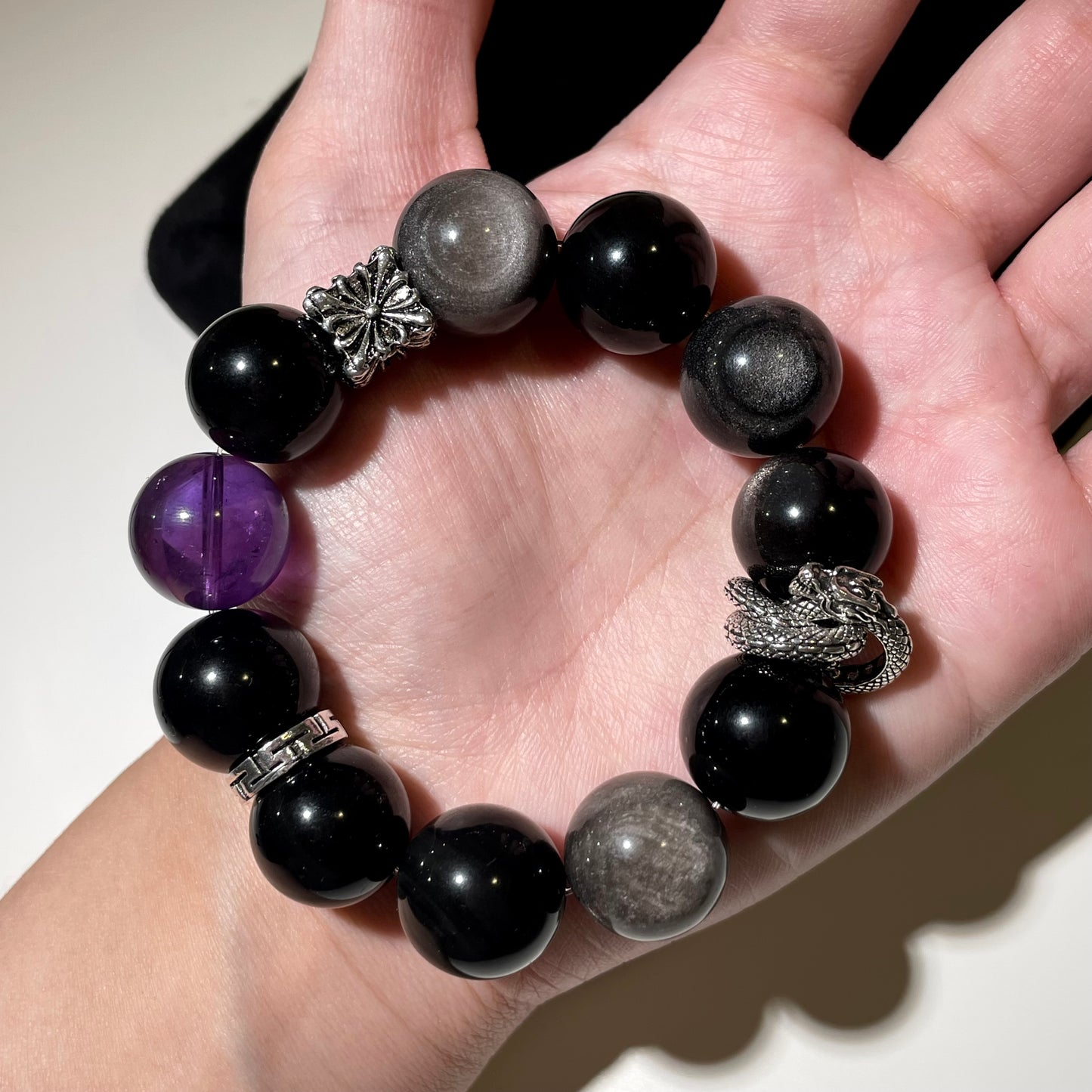 Silver Obsidian Amethyst Beaded Bracelet