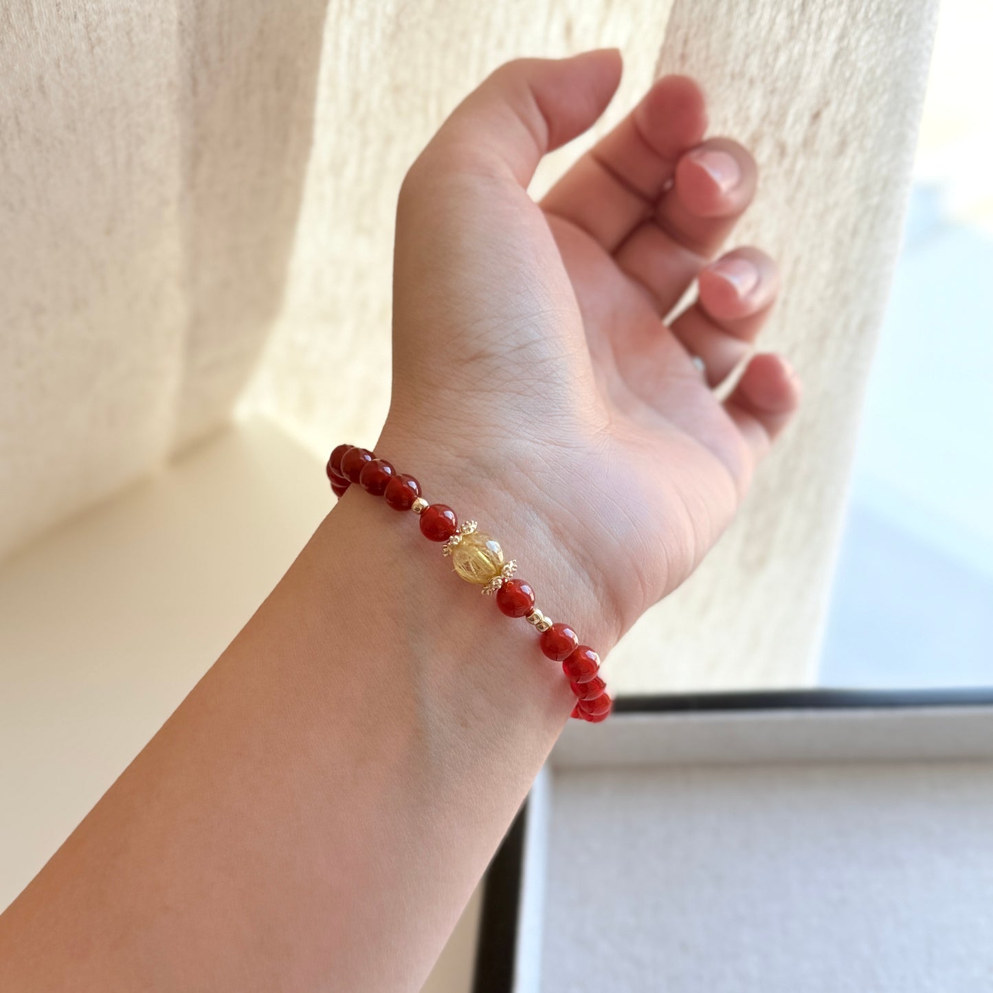Red Agate Cornelian Golden Rutile Lucky Stone Beaded Bracelet