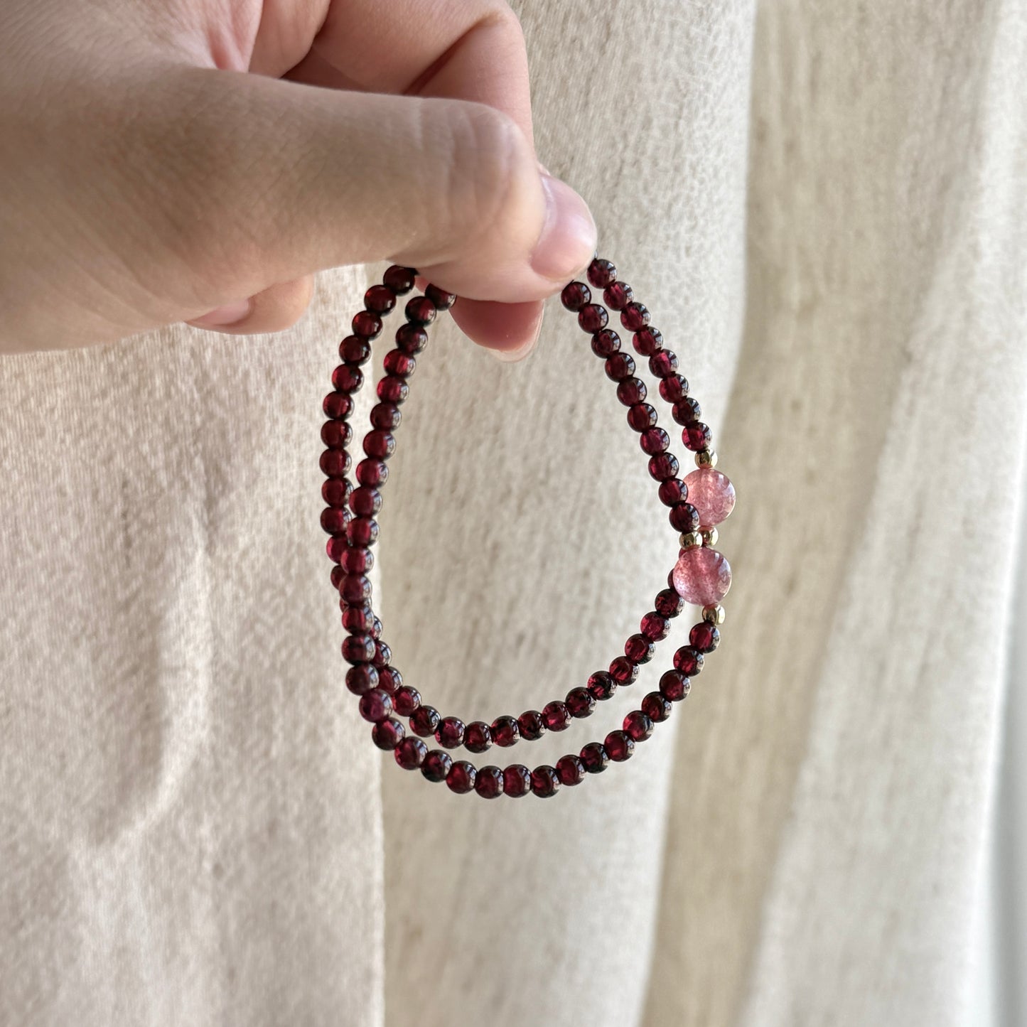 Wine Red Garnet Strawberry Quartz Beaded Bracelet