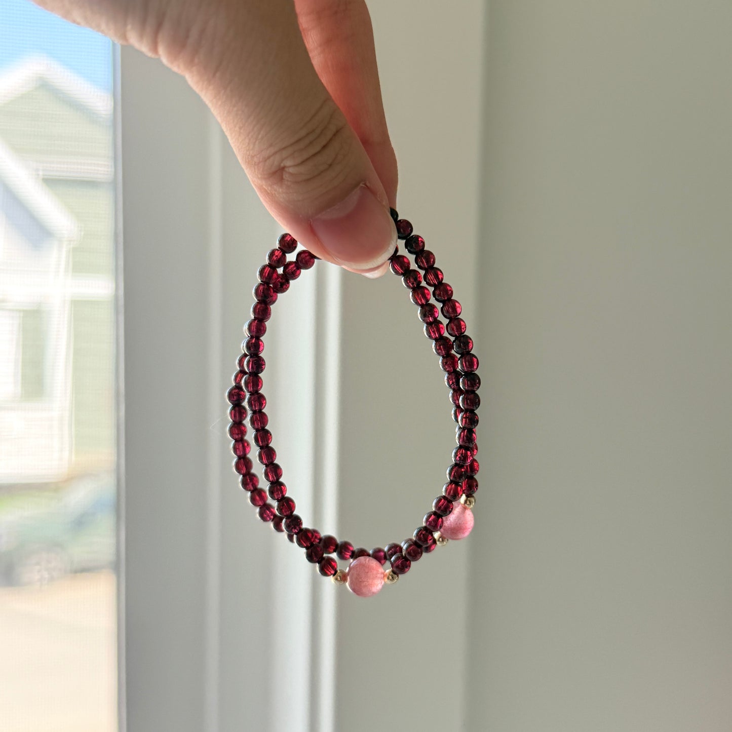 Wine Red Garnet Strawberry Quartz Beaded Bracelet