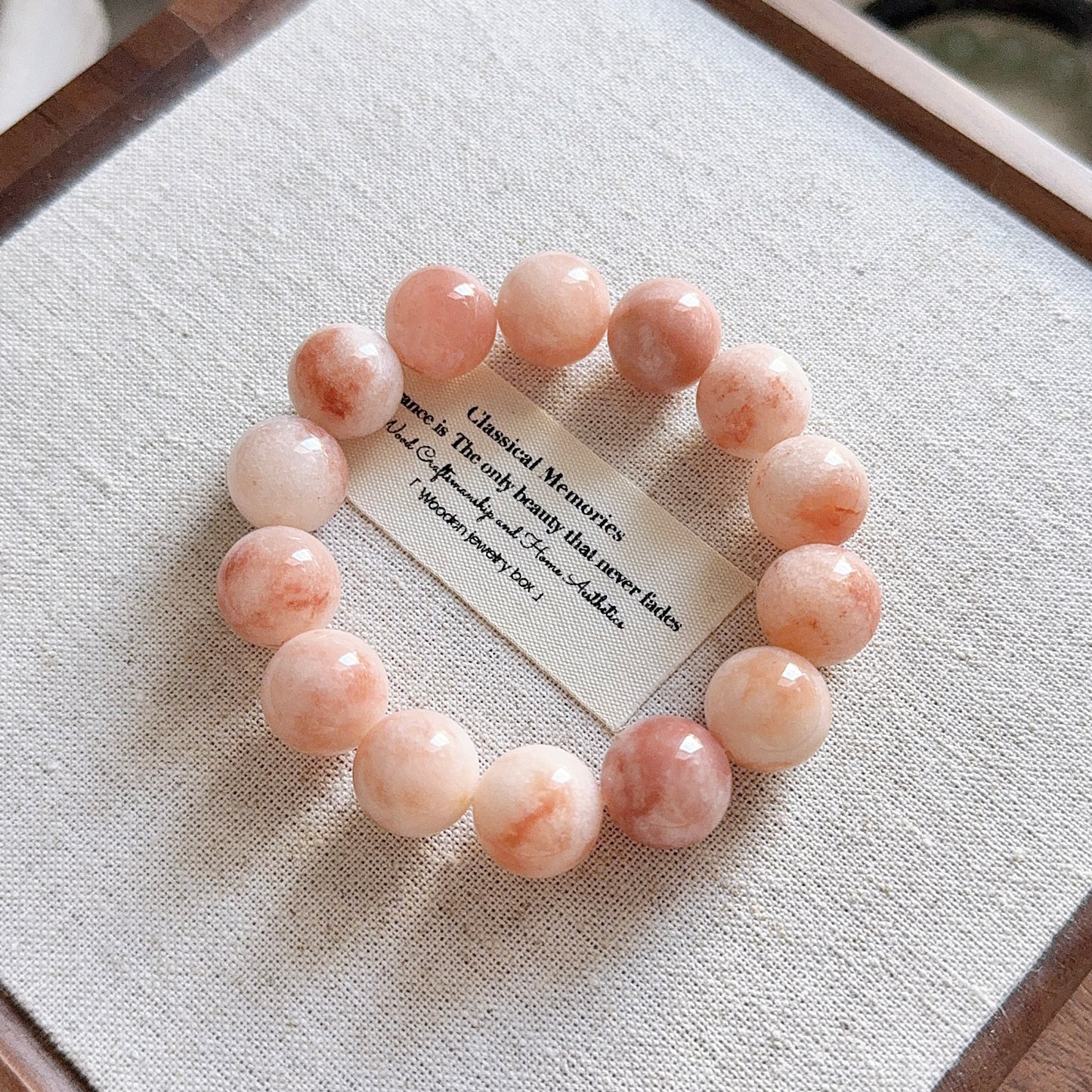 Pink Jinsi Jade 14mm Bead Bracelet 桃花酿金絲玉