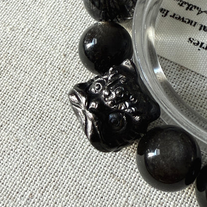 Dark Night Design Hypersthene Lion with Black Rutile Obsidian Beaded Bracelet