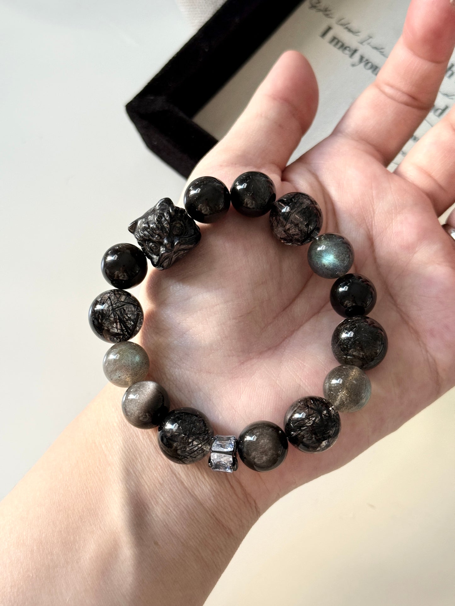 Dark Night Design Hypersthene Lion with Black Rutile Obsidian Beaded Bracelet