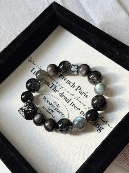 Dark Night Design Hypersthene Lion with Black Rutile Obsidian Beaded Bracelet