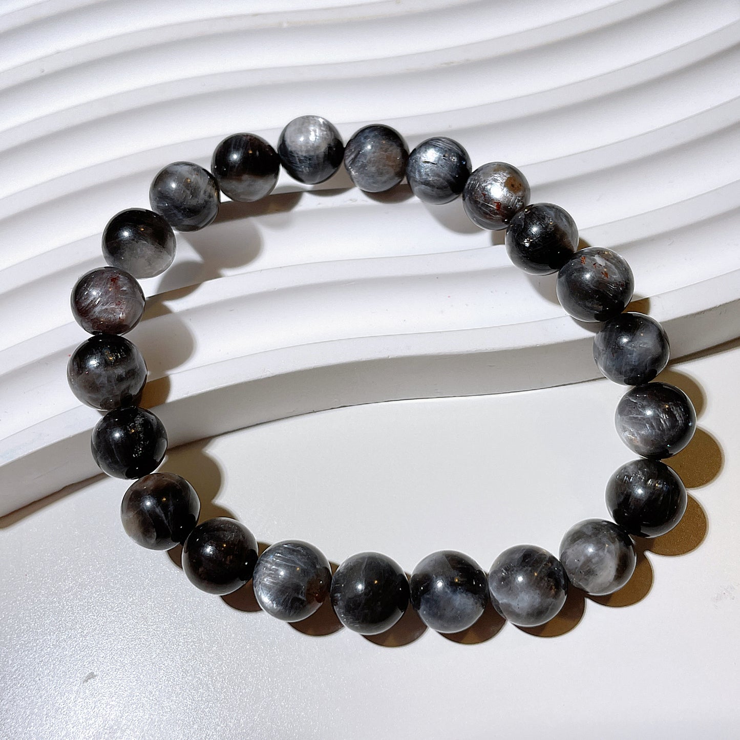 Black/Grey Skeleton Strawberry Quartz Sunstone Beaded Bracelet