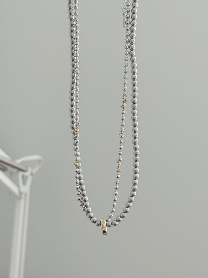 Rhodium Plated Grey Pearl with Zirconia Double-Loop Necklace
