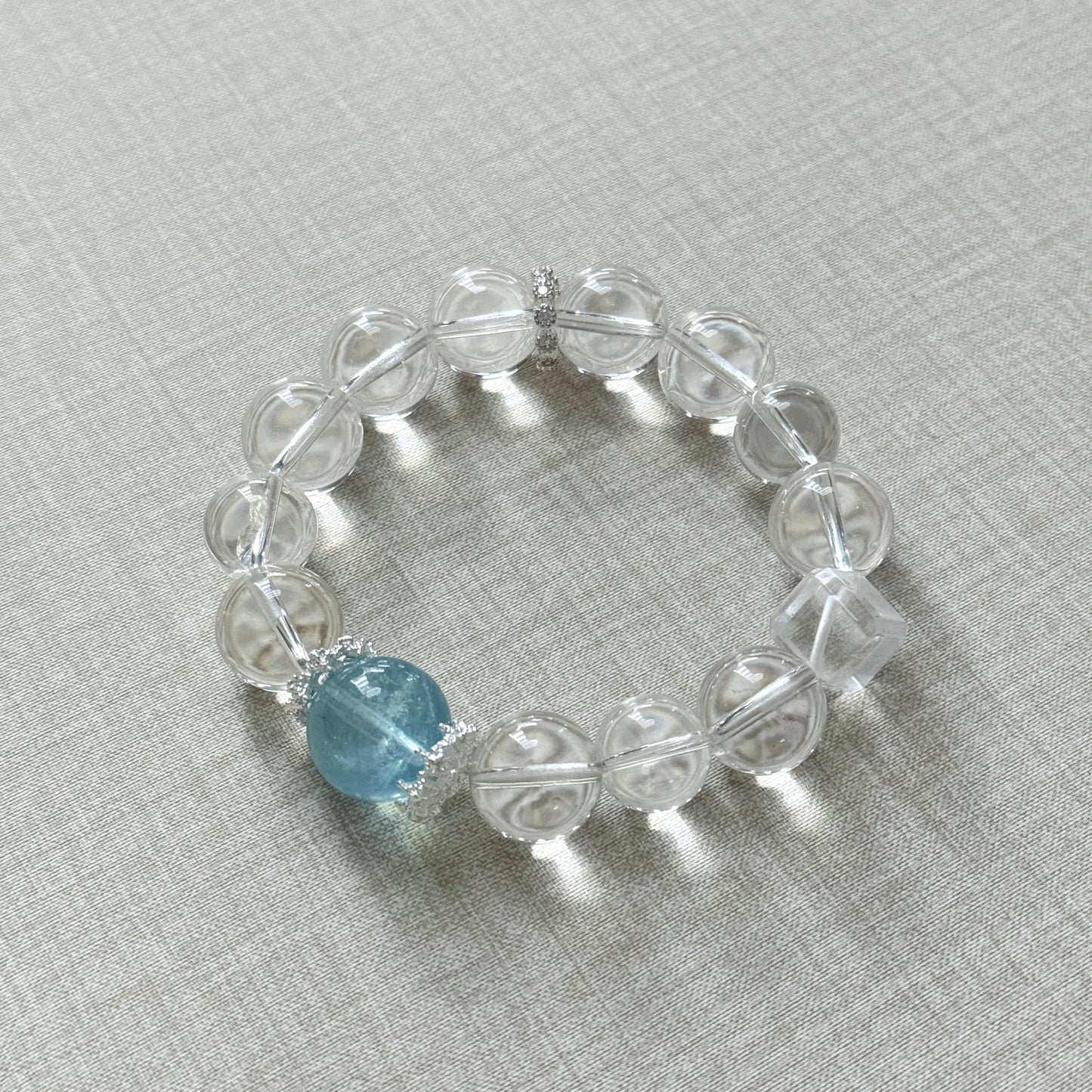 Aquamarine Clear Quartz 13mm Designed Beaded Bracelet
