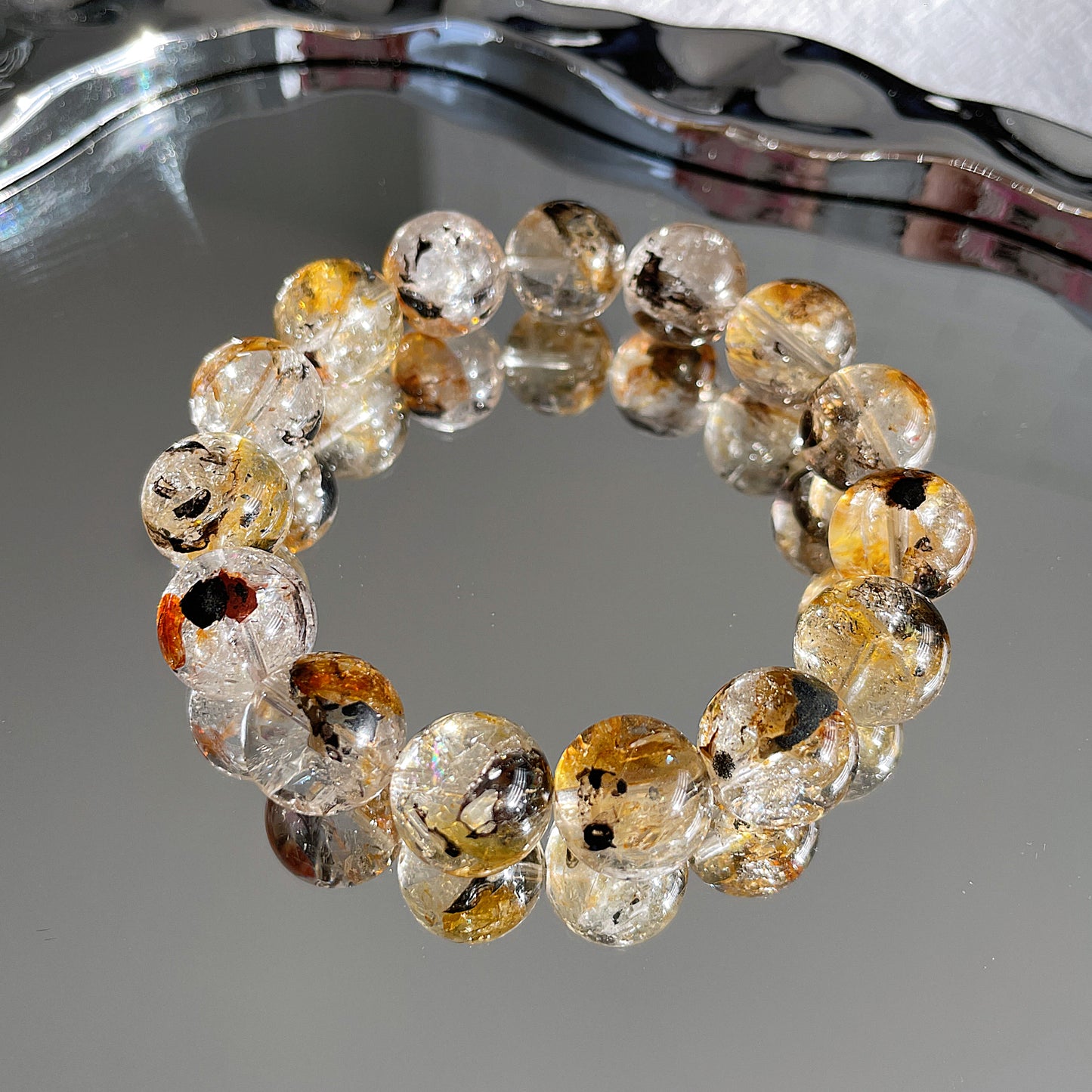 黑色 &amp; 黃色 Skeleton Herkimer Diamond Beaded Bracelet 閃靈骸骨