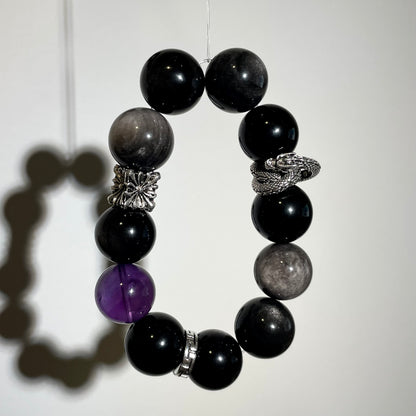 Silver Obsidian Amethyst Beaded Bracelet