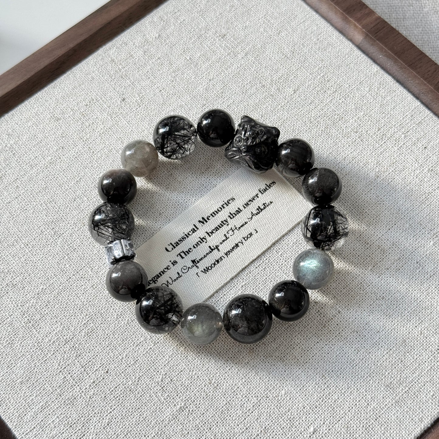 Dark Night Design Hypersthene Lion with Black Rutile Obsidian Beaded Bracelet
