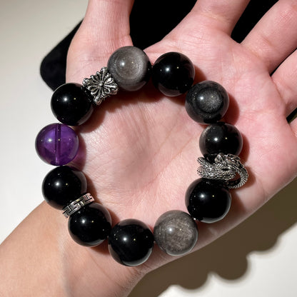 Silver Obsidian Amethyst Beaded Bracelet