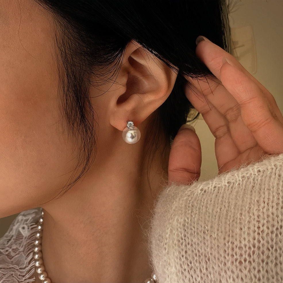 Pearl Stud Earrings with Sterling Silver and Zirconia