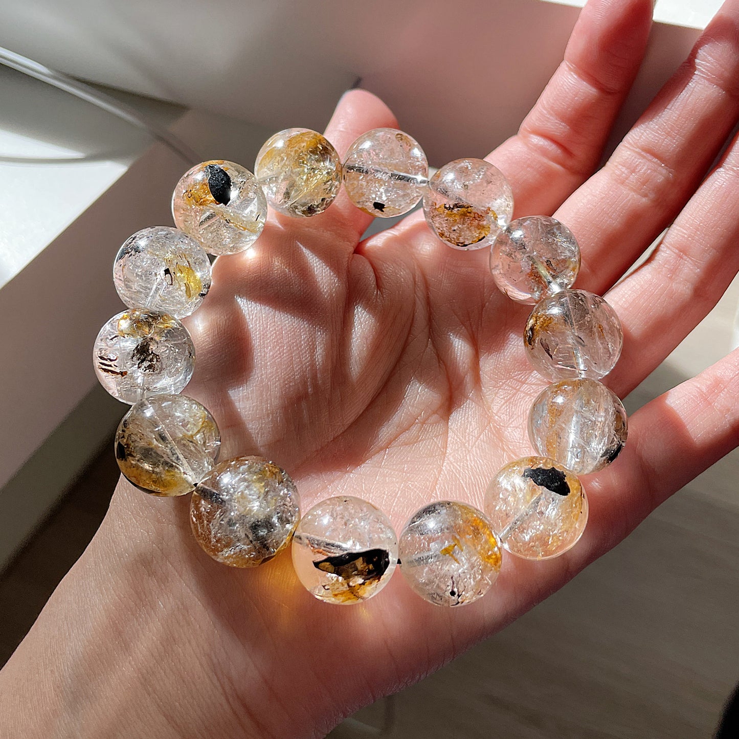 黑色 &amp; 黃色骷髏 Herkimer 鑽石串珠手鍊