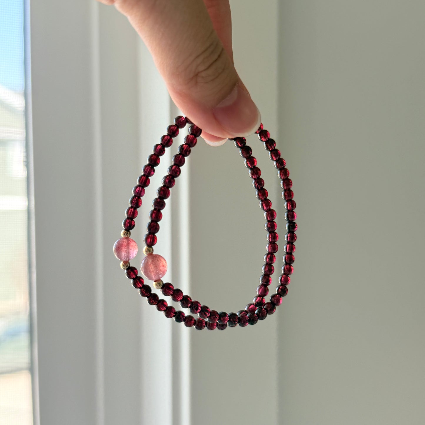 Wine Red Garnet Strawberry Quartz Beaded Bracelet