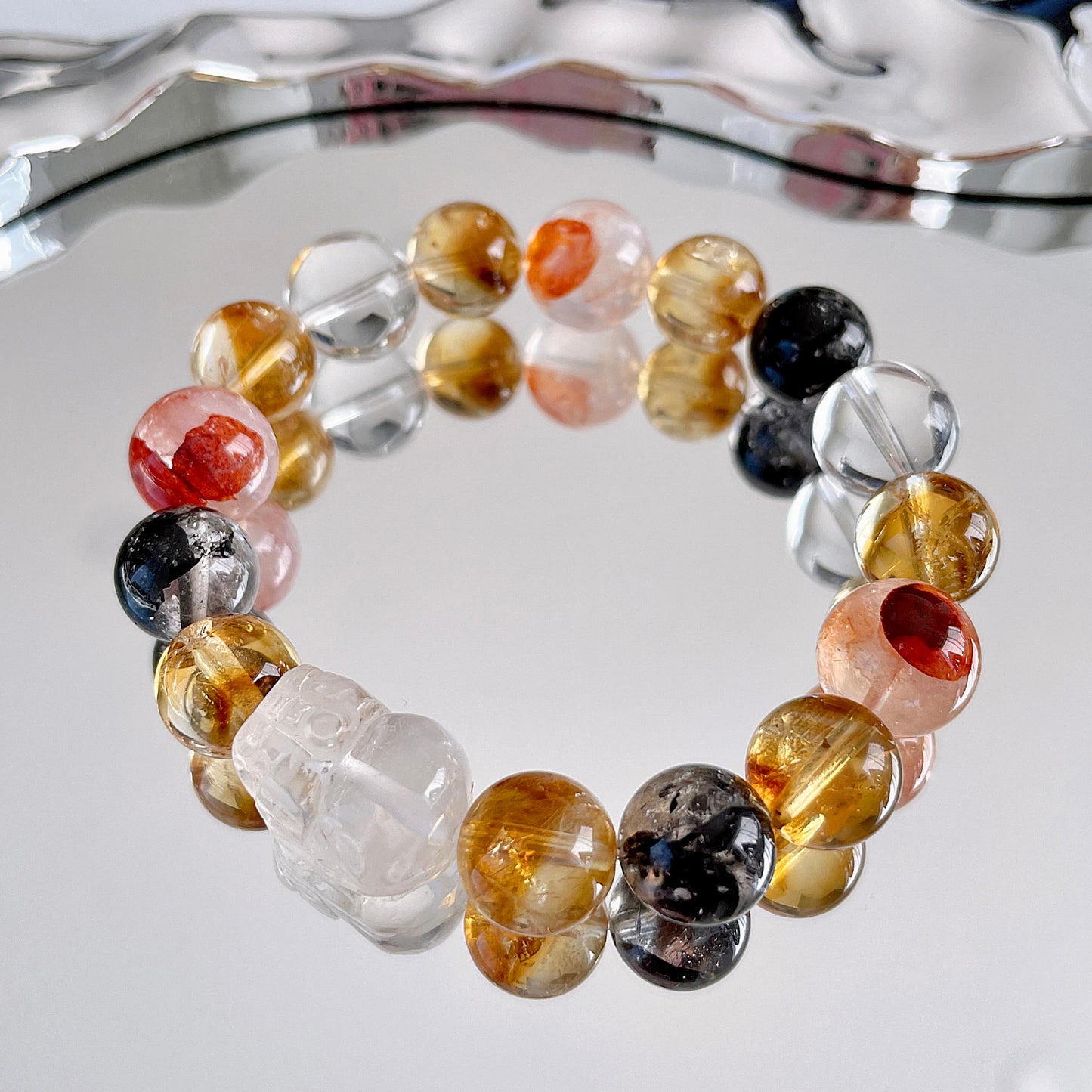 Hematoid Pixiu Herkimer Diamond Beaded Bracelet