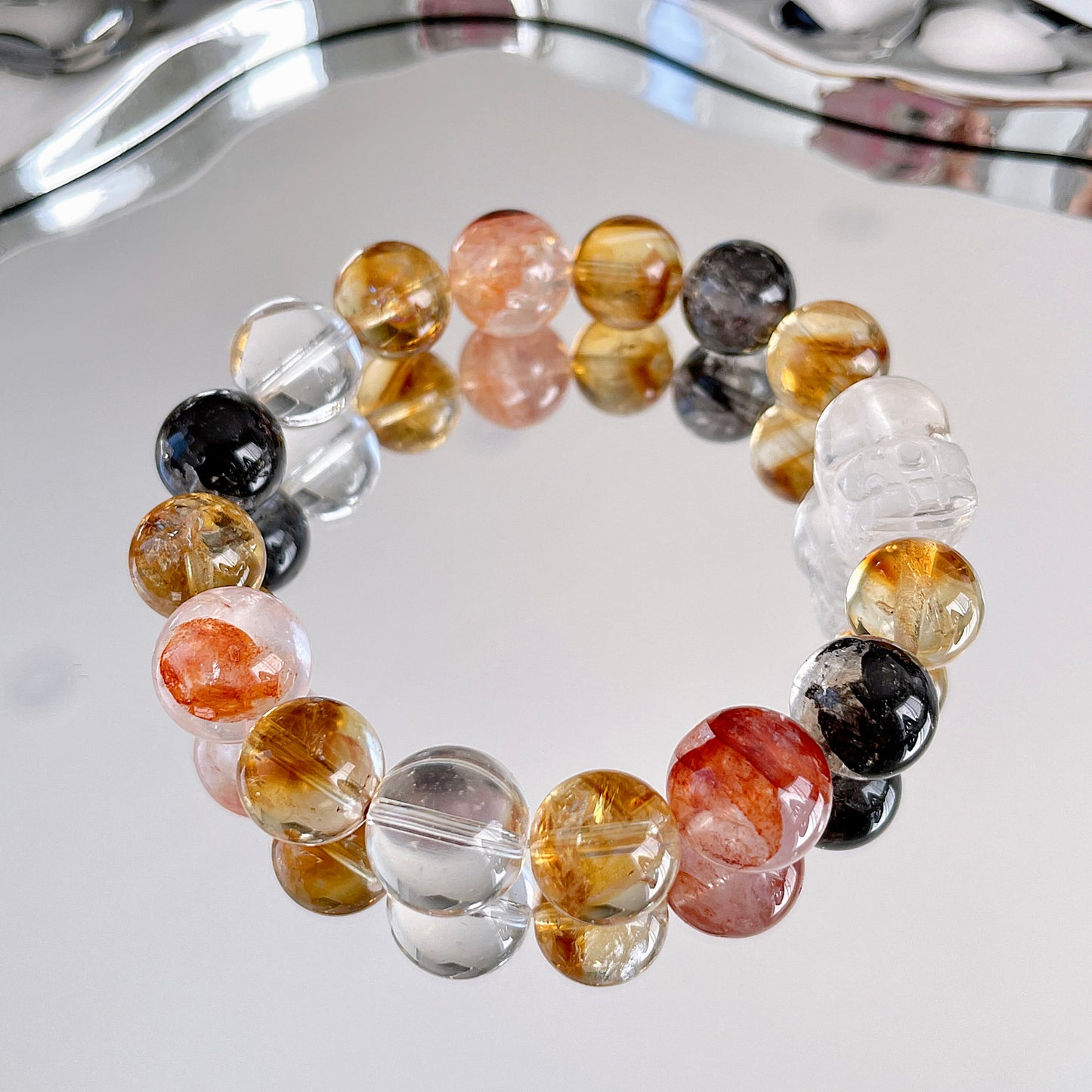 Hematoid Pixiu Herkimer Diamond Beaded Bracelet