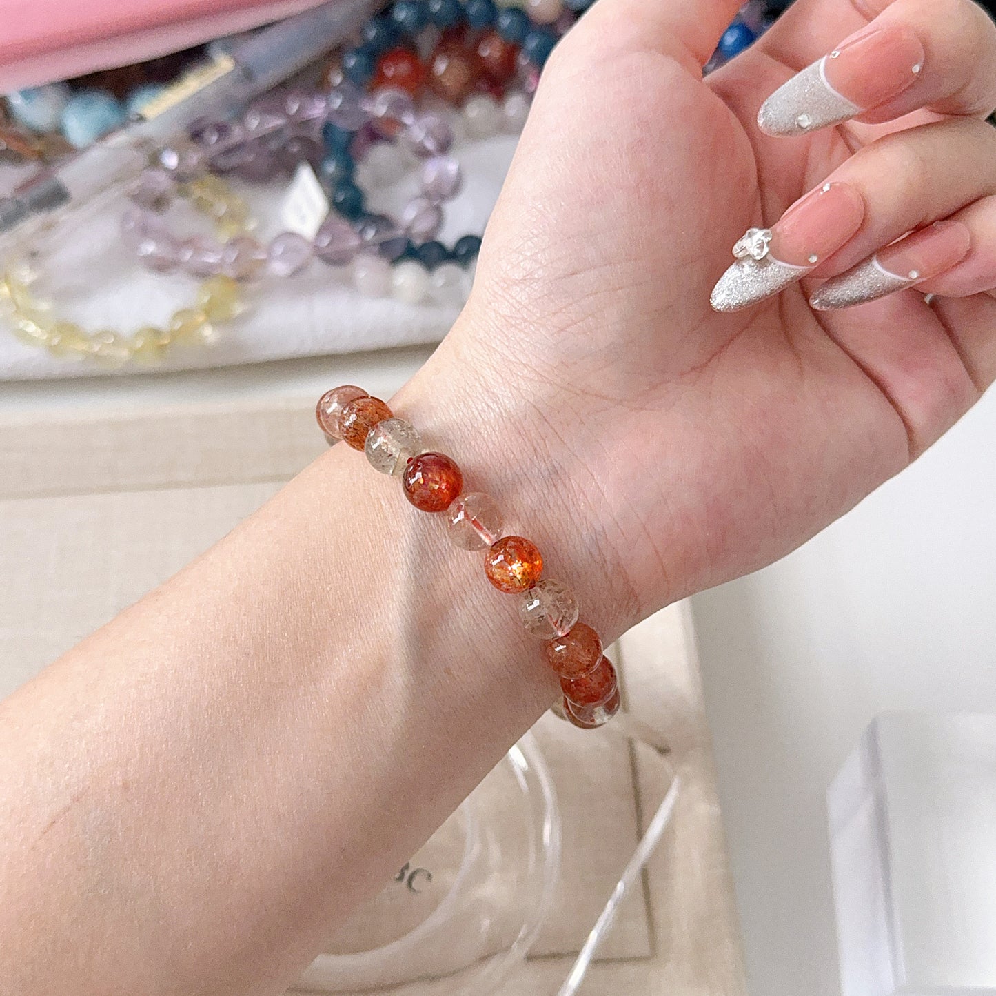 Tanzania Arusha Sunstone with Beryl Black Rutile Inclustion 8.8mm Beaded Bracelet